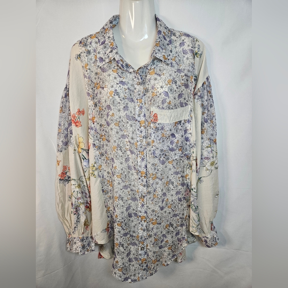 POL Floral Patchwork Button Front Blouse Top S/M … - image 1
